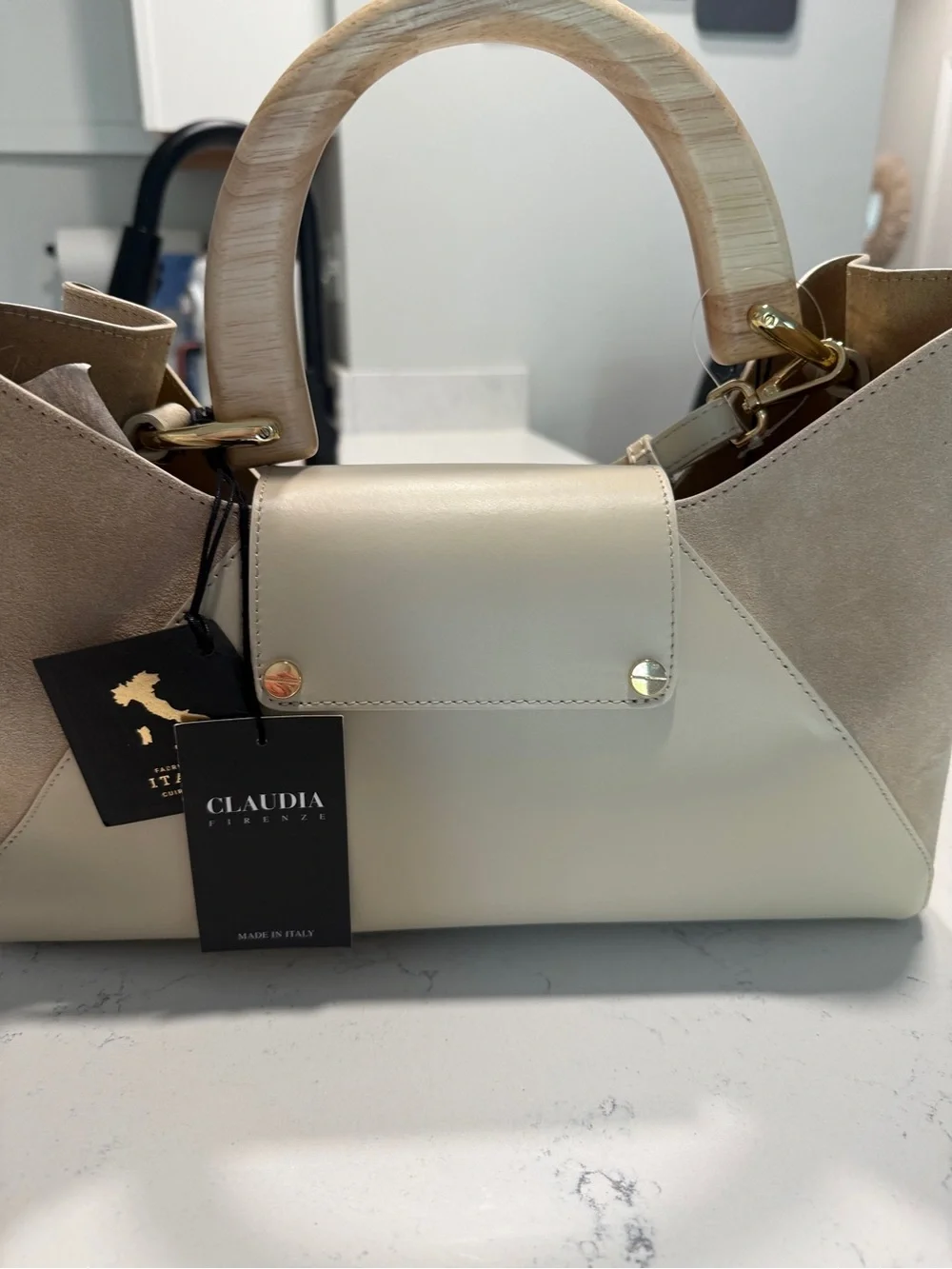 CLAUDIA Firenze Genuine Leather Beige/Cream Satchel Handbag with Wooden Handle